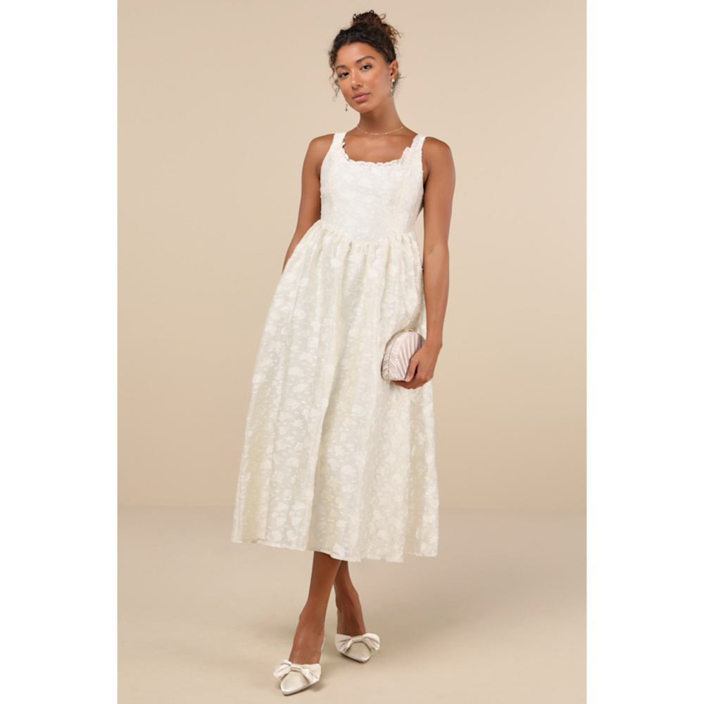 Lulus Immaculate Elegance Cream Jacquard Lace-up Midi Dress White - Size S